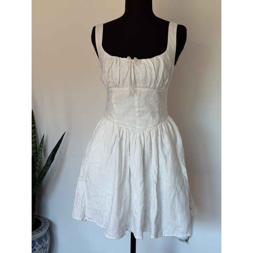 Reformation White Linen Mini Dress Gathered Bust Smocked Back Size 2